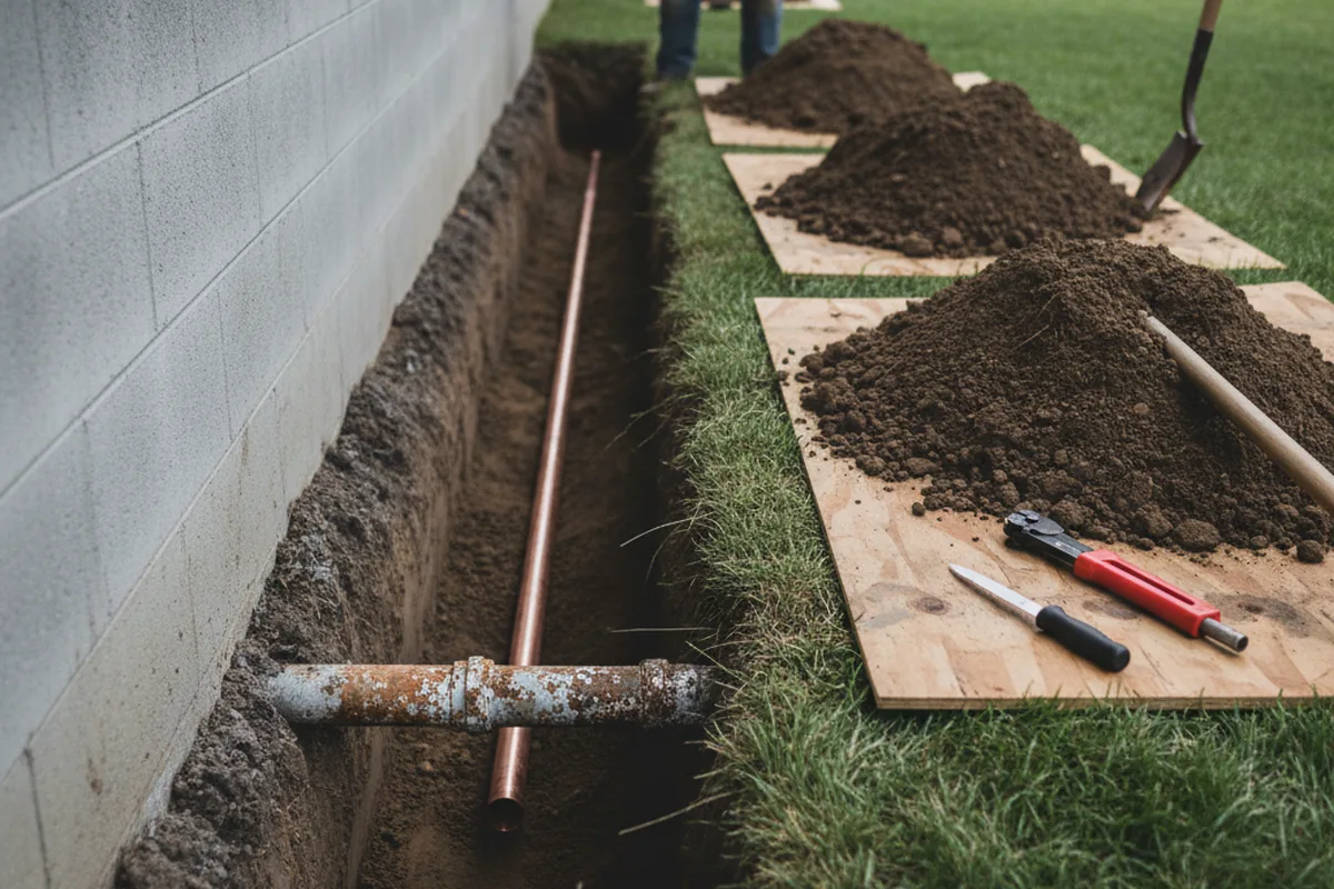 Excavated water line trench during Sewer Line Repair in Peterson